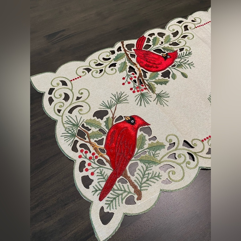 Christmas Red Cardinal Embroidered  Table Runner 14”X 72” TIDINGS & JOY New